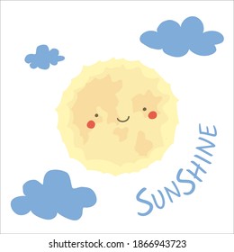 Cartoon childish the moon with clouds and lettering Sunshine. Vector illustration for t shirt, mug, dish towel design. Perfect for Sublimation printing