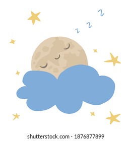 Cartoon childish the moon with clouds and lettering Sunshine. Vector illustration for t shirt, mug, dish towel design. Perfect for Sublimation printing