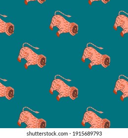 Cartoon childish seamless pattern with funny pink lions ornament. Turquoise background. Simple design. Graphic design for wrapping paper and fabric textures. Vector Illustration.