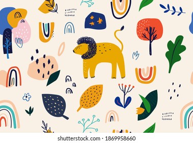 Cartoon childish Seamless pattern with lion and leaves	