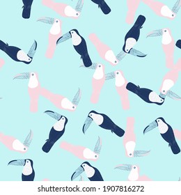 Cartoon childish seamless pattern with simple random toucan birds silhouettes print. Light blue background. Flat vector print for textile, fabric, giftwrap, wallpapers. Endless illustration.