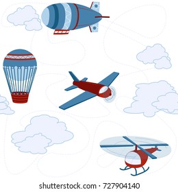 Cartoon childish seamless vector pattern with blue and red airplanes