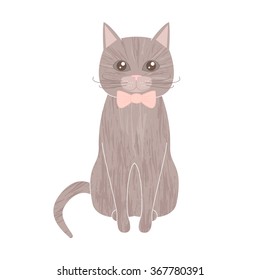 Cartoon childish style illustration of a cute sitting gray cat with textured fur wearing bow tie. Nice tender pastel colors. Lovely sitting furry grey cat with long whiskers. Domestic cat. Pet cat.