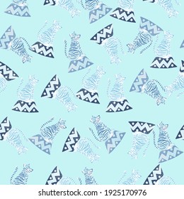 Cartoon childish style seamless pattern with random circus tiger ornament. Blue pastel palette artwork. Vector illustration for seasonal textile prints, fabric, banners, backdrops and wallpapers.