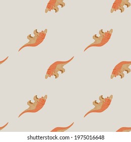 Cartoon childish style seamless pattern with orange dinosaurs elements. Light grey background. Stock illustration. Vector design for textile, fabric, giftwrap, wallpapers.