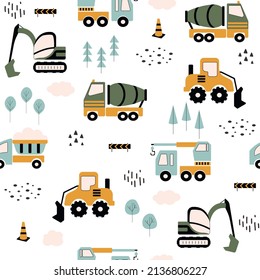 Cartoon childish transport seamless pattern. Hand drawn cute cars. Vector truck, excavator, loader, bulldozer and concrete mixer. Creative kids print.