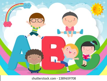 cartoon children with ABC letters, School kids with ABC, children with ABC letters,Vector Illustration