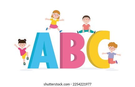 cartoon children with ABC letters, School kids with ABC, child with ABC letters isolated on white background Vector Illustration