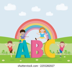 cartoon children with ABC letters, School kids with ABC, child with ABC letters poster isolated on background Vector Illustration