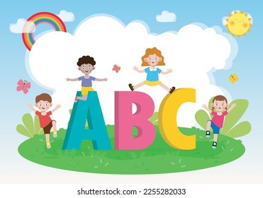 cartoon children with ABC letters, School kids with ABC, child with ABC letters poster isolated on background Vector Illustration