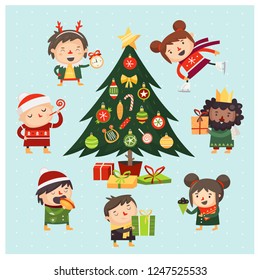 Cartoon children and adults gathered around Christmas tree decorated with various toys. Cartoon vector illustration.