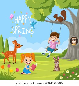 Cartoon children with animals playing in the park