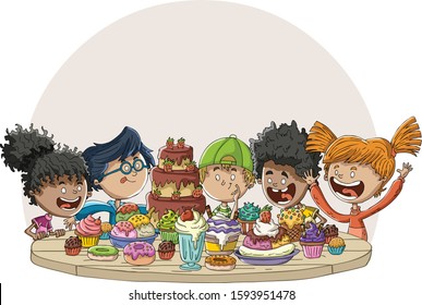 Cartoon children around table with desserts. Birthday party table with cake and desserts.