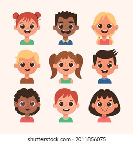 Cartoon children avatar set. Different hair style and skin color. Set 2 of 4.