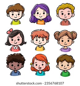 Cartoon children avatars set. Cute face of boys and girls with different hairstyles, skin colors and ethnicities. Vector illustration on white background with hand drawn style