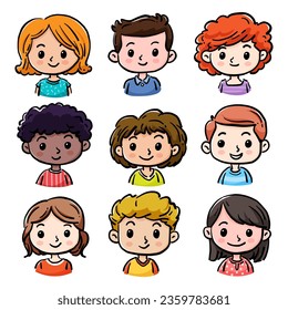 Cartoon children avatars set. Cute face of boys and girls with different hairstyles, skin colors and ethnicities. Vector illustration with hand drawn style