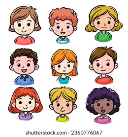 Los avatares de los niños de caricaturas ambientados. Caras mullidas de niños y niñas con diferentes estilos de cabello, colores de piel y etnias. Ilustración vectorial con estilo dibujado a mano