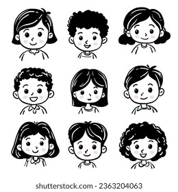 Cartoon children avatars set. Cute faces of boys and girls with different hairstyles, skin colors, and ethnicities. Vector illustration with hand drawn style