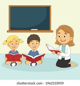 Cartoon-Kinder auf Schulhintergrund