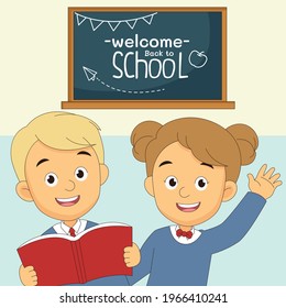 Cartoon-Kinder auf Schulhintergrund