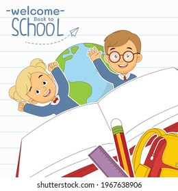 Cartoon-Kinder auf Schulhintergrund