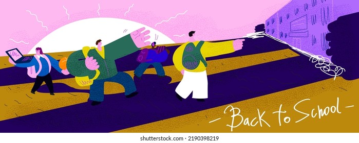 Cartoon children with backpacks go to school. Characters with deformed body proportions. Texture illustration of high school students.