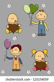 Cartoon children with balloons, flower and gingerbread (vector)