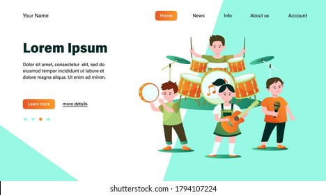 Cartoon children band flat vector illustration. Cute young artists, singers or musicians singing song and playing musical instruments. Party, music and performance concept
