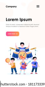 Cartoon children band flat vector illustration. Cute young artists, singers or musicians singing song and playing musical instruments. Party, music and performance concept