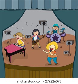 Cartoon Children Band Is Playing Live Concert On Stage In School Fair Festival, Create By Vector