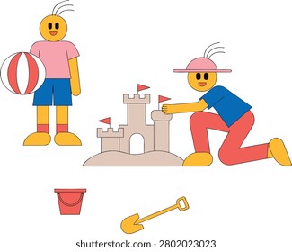 Cartoon children at the beach playing with sand and ball. Summer holiday vector illustration isolated on white background.