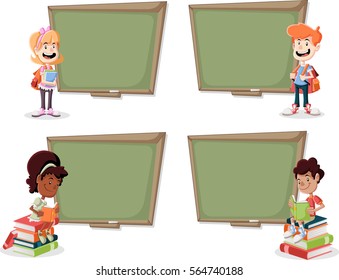 Cartoon children with books in front of green chalkboard blackboard. Students.
