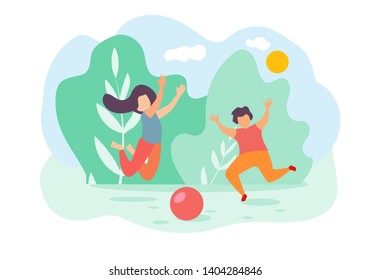 Cartoon Children Boy and Girl Jump and Play Toy Ball Outside Vector Illustration. Summer Holidays, Nature Outdoors, Park Grass. Happy Childhood, Daughter Son Family Love, Baby Activity Fun Game