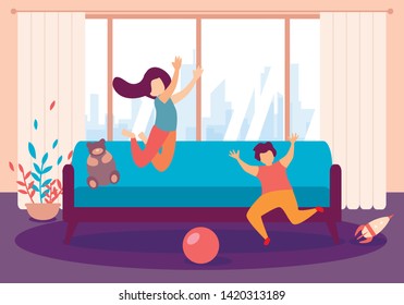 Cartoon Children Boy and Girl Jump on Couch, Play with Toy Ball Inside Living Room Interior Vector Illustration. Happy Childhood, Daughter and Son Preschooler. Family Love Baby Activity Game Indoors