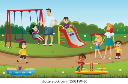 Cartoon Children Boy Girl Play at Playground Vector Illustration. Mother Father with Son Daughter in Park. Kid Playground Equipment - Swing, Slide, Sandbox. Family Leisure Outdoors.