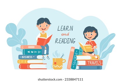 Cartoon children boy and girl read books and leaning. Vector of girl and boy reading and happy, school student read illustration