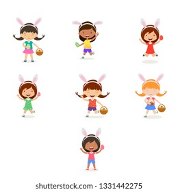 Cartoon children with bunny ears set. Spring  cute girls in easter costumes with basket and egg. Children hunting for easter eggs