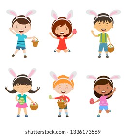 Cartoon children with bunny ears set. Spring  cute children in easter costumes with basket and egg. Children hunting for easter eggs