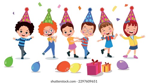 A cartoon of children celebrating a birthday with a birthday hat and a gift