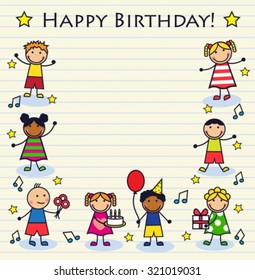 Cartoon children celebrating birthday on a striped background sheet. Background decorated cake, notes and stars