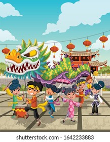 Cartoon children celebrating the Chinese New Year with dragon. Traditional asian celebration in front of a chinese temple.
