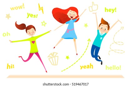 Cartoon children character. Kids jumping. Happy girls and boy enjoy and playing. isolated over white. vector. Joyful young pupils characters. Cute guy play with friends. success concept.