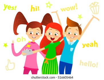 Cartoon children character. Kids smile, make selfie. Happy girls and boy enjoy taking selfie with photo camera. Child photography. Joyful young pupils characters. Cute guy with friends. Vector flat.