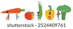 Cartoon Children Characters Carrying Oversized Vegetables. Vector Illustration Captures The Joy Of Kids Interacting With Large Carrots, Tomatoes, Peapods, Bell Peppers, And Broccoli Veggies