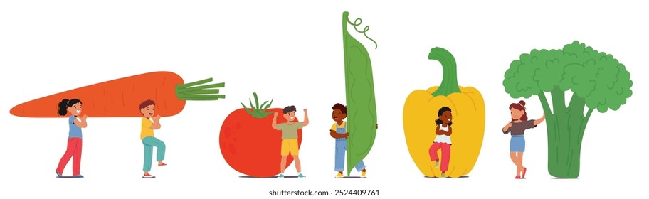 Cartoon Children Characters Carrying Oversized Vegetables. Vector Illustration Captures The Joy Of Kids Interacting With Large Carrots, Tomatoes, Peapods, Bell Peppers, And Broccoli Veggies