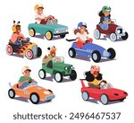 Cartoon Children Characters Engaged In A Playful Pedal Car Race, Each Car Uniquely Designed, From A Classic Green Model To A Fiery Red Speedster, Highlighting Their Individual Personalities And Styles