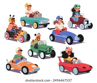 Cartoon Children Characters Engaged In A Playful Pedal Car Race, Each Car Uniquely Designed, From A Classic Green Model To A Fiery Red Speedster, Highlighting Their Individual Personalities And Styles