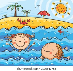 Cartoon children characters on summer vacation on the beach. Girl and boy swimming in the sea