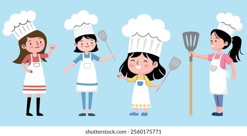 Cartoon children in chef hats and aprons, holding spatulas, showcasing cooking, learning, and culinary activities.