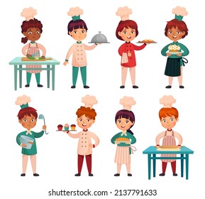 Cartoon children in chefs uniforn cook and hold dishes with food and dessert. African and asian boys and girls characters in aprons and cooks hats. Culinary show or restaurant kids mascot vector set